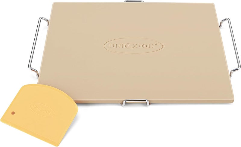 Unicook حجر بيتزا للفرن والشواية، 15 × 12 بوصة حجر خبز مستطيل، صينية بيتزا من الكورديريت لخبز الخبز المقرمش، الفطائر والبسكويت، تشمل حامل ونشارة العجين - Image 1